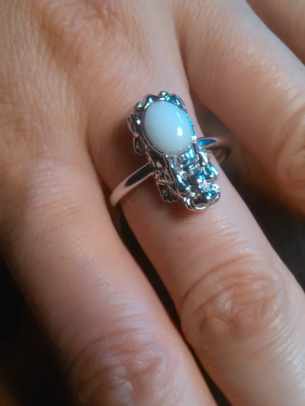 Natural White Jade Sterling Silver Dragon Ring (Size 10)